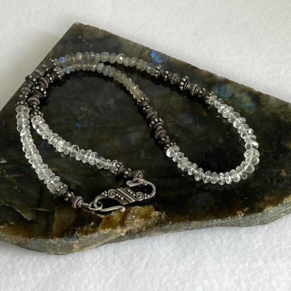 Sterling Silver 925 Labradorite & Quartz Beaded Necklace 17" Hook Closure 21g - Picture 11 of 16
